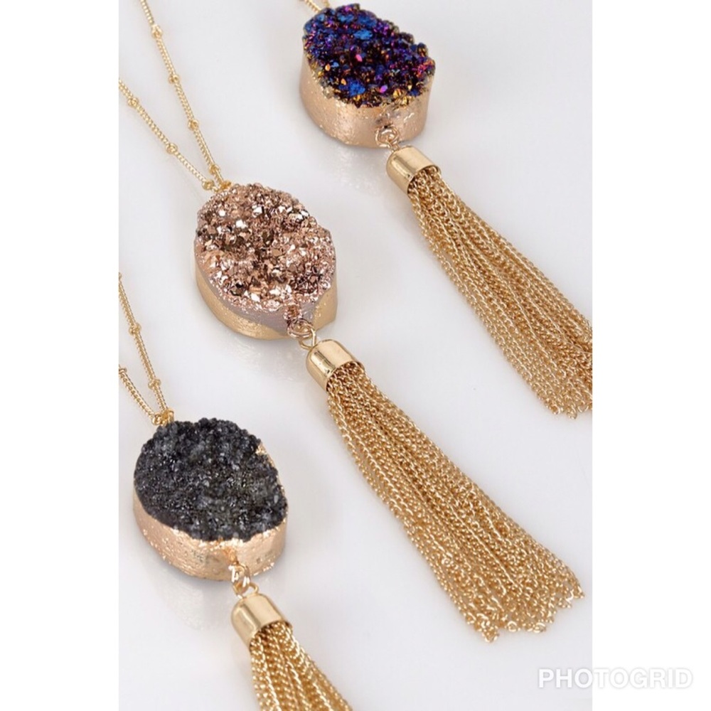 Druzy stone pendant necklace gold chain tassel - Picture 2 of 8